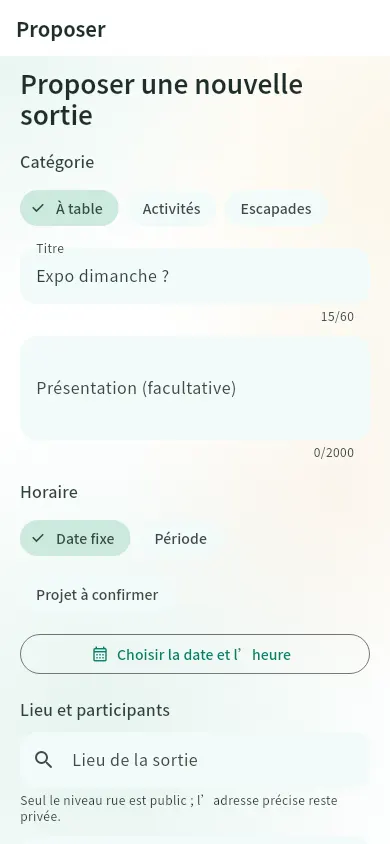 Formulaire de création d’une sortie